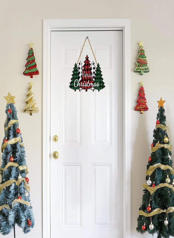 YUNKKIN Christmas Wall Decor Merry Christmas Sign Buffalo Plaid Tree Door Decorations Wooden Front Door Hanger Tree Hanging Sign Wreath for Wall Indoor Home Decor - Image 3